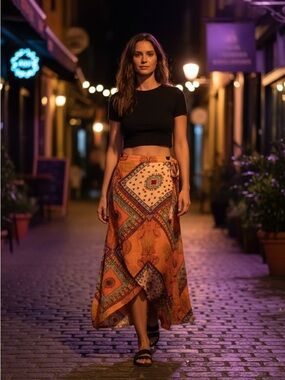 Bohemian Orange Wrap Maxi Skirt